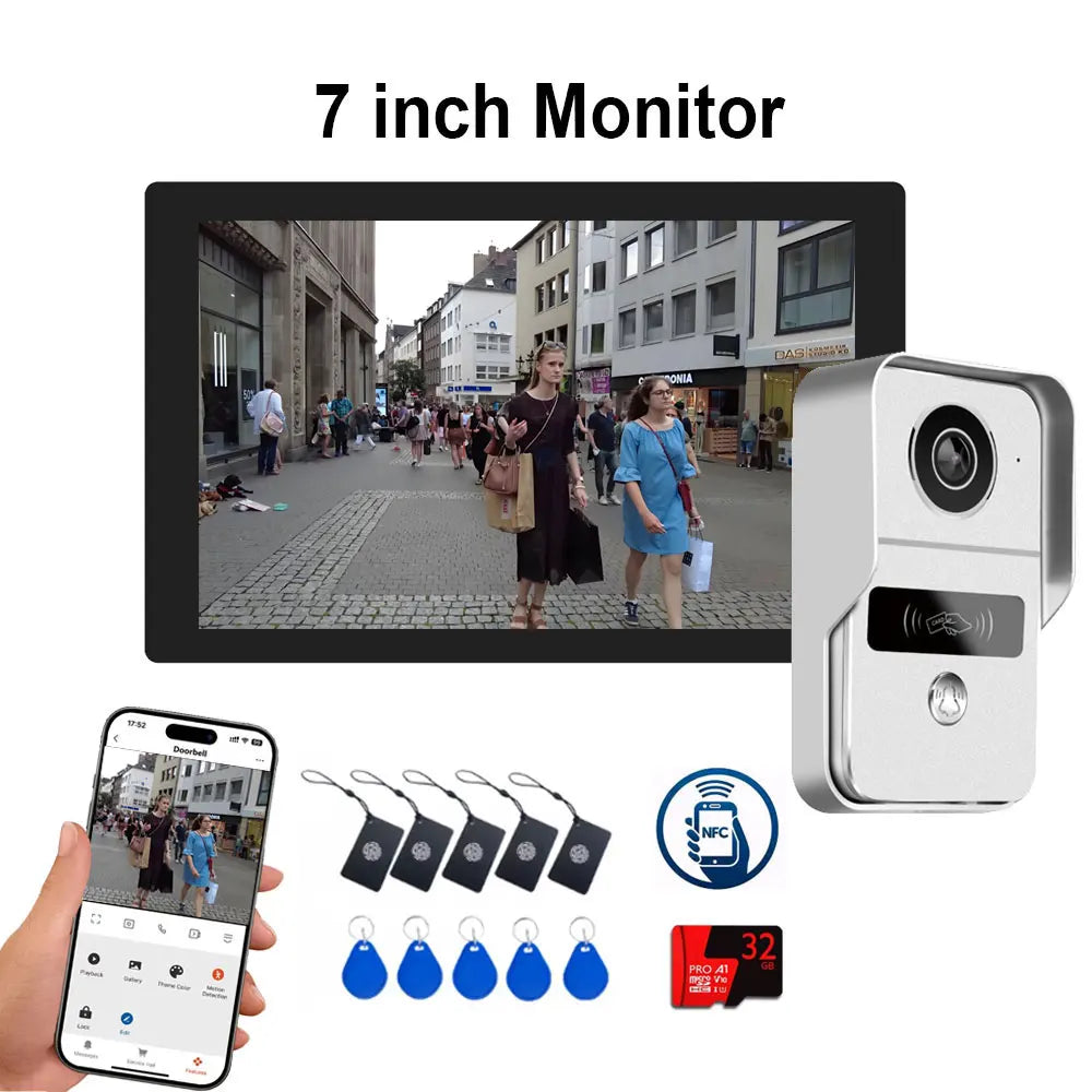 1080P Tuya Smart Doorbell Camera Home Video Intercom 5G Wifi 2 Wires 7/10 Inch Wireless Video Doorphone System 5-in-1 NFC Unlock