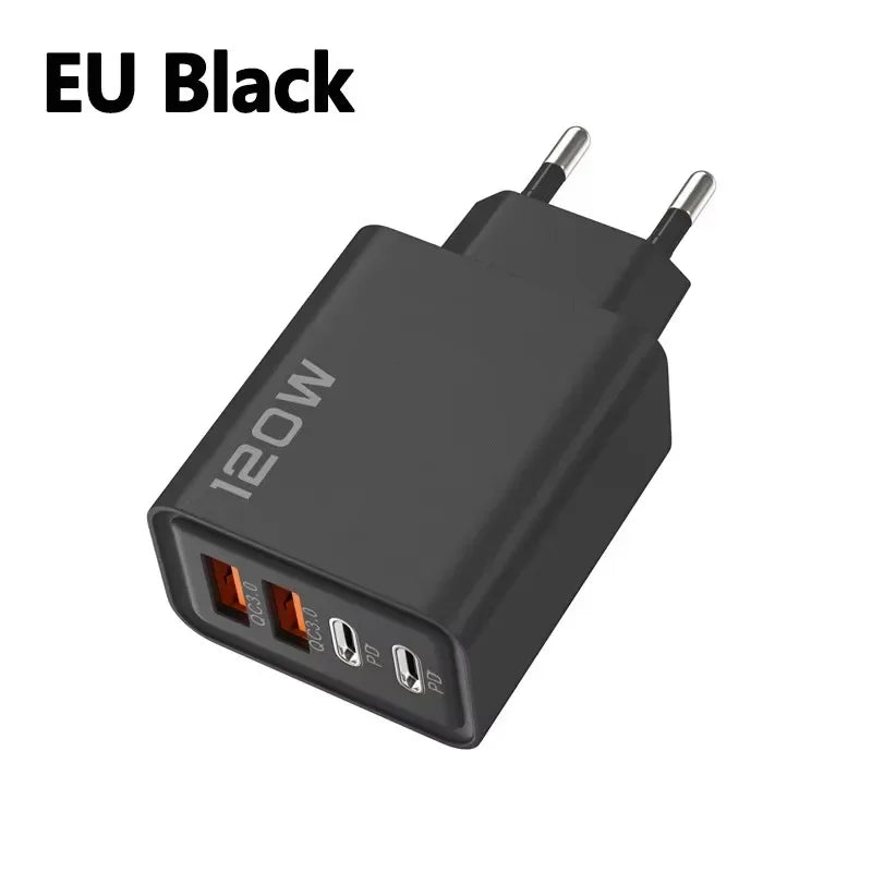 120W 4-Ports USB Type-C Charger Fast Charging Data Cable USB Phone Charger Adapter For Xiaomi IPhone17 16 15 Huawei Wall Charger