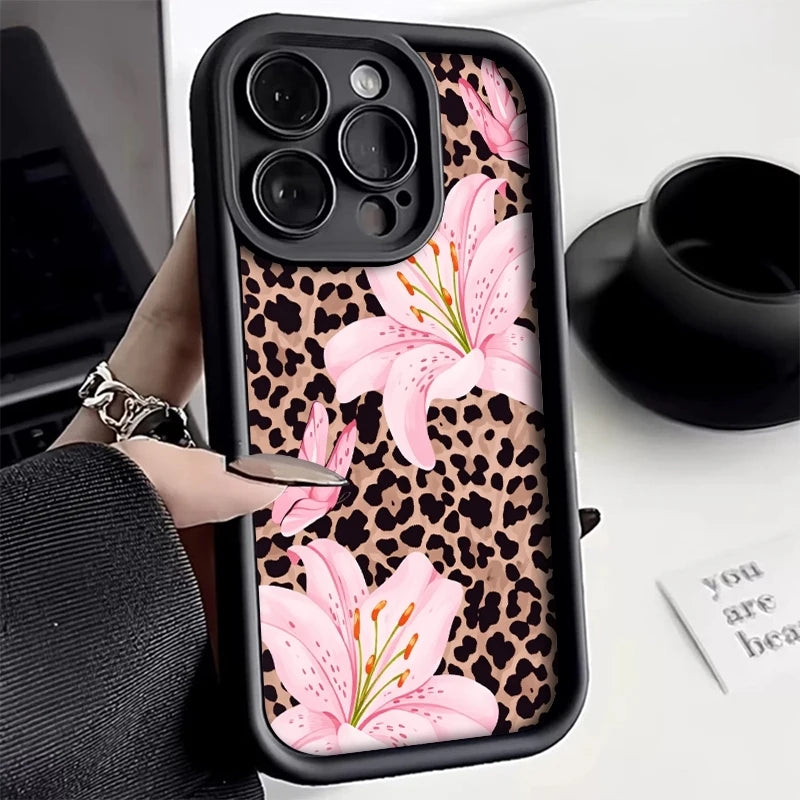 Pink Lily Flower Leopard Print Phone Case For iPhone 17 16 Pro Max 11 13 12 14 15 8 7 Plus XS XR X 16E 17E Shockproof TPU Cover