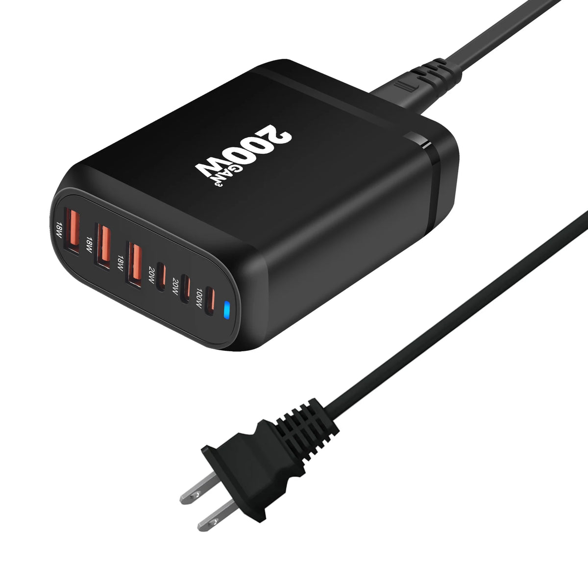 200W 3A3C GaN Charging Station Block Hub 6-Port USB Type C PD Charger Quick Charge 3.0 for Laptop 3A3C GaN Quick Charger