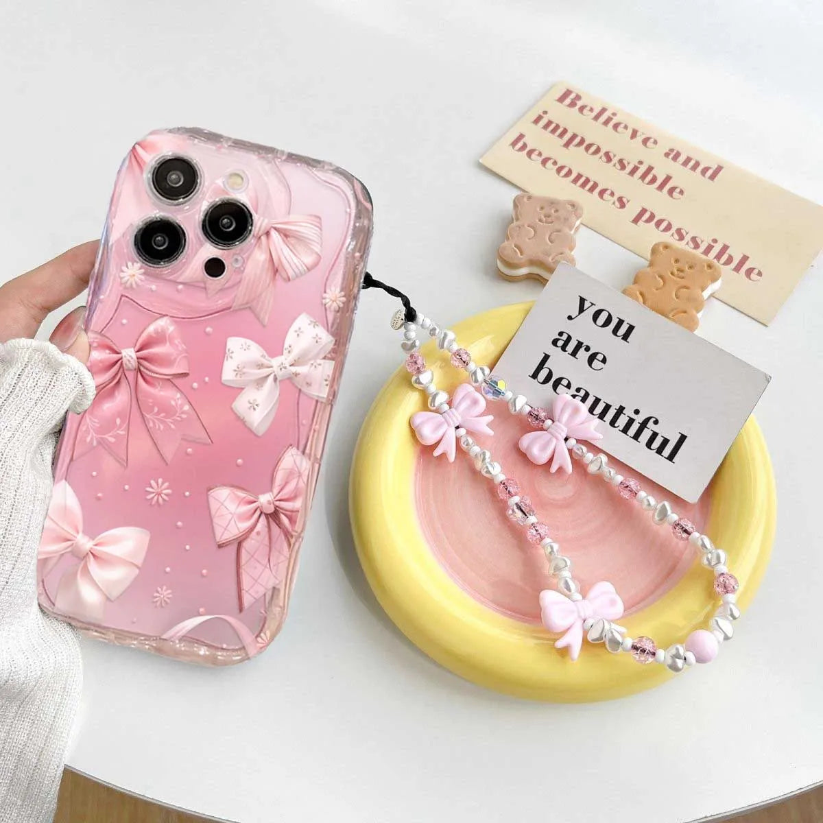 Pink Bow Pattern Chain Case For Samsung Galaxy S25 Ultra S22 S21 S20 Plus S21FE S20FE S25FE A31 Soft Silicone Cover