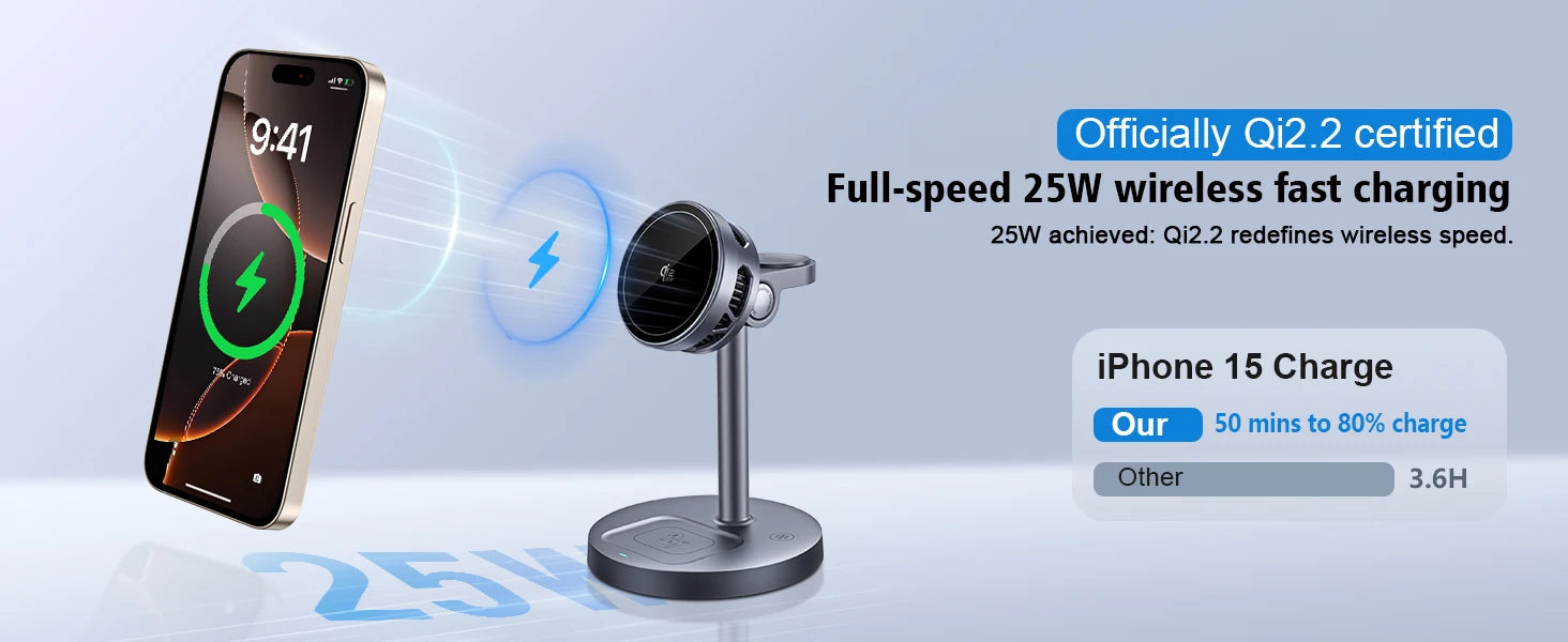 25W Wireless Charging Station with Cooling Fan QI2.2 Wireless Charger Stand for iPhone 17/16/15/14/13/12, Apple Watch, AirPods