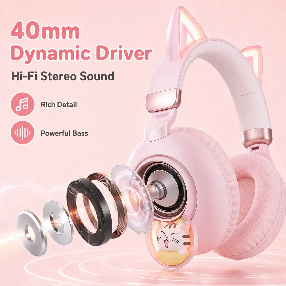 Kids Wireless Headphones Bluetooth 5.4 Cat Ear RGB Light Over-Ear Headset with 400mAh Battery, 20H Playtime, Low Latency