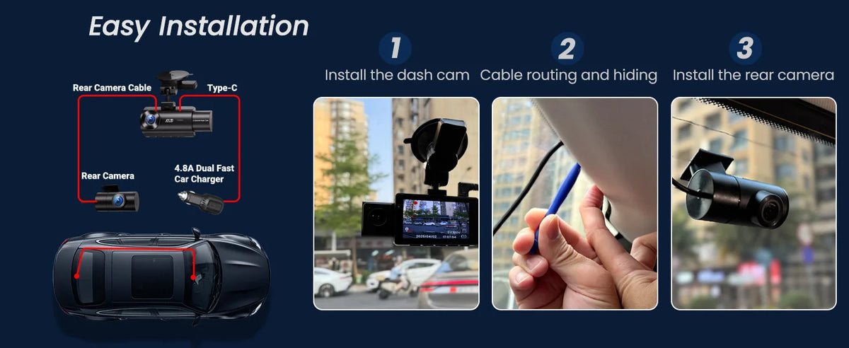 Kocam 3 Camera WIFI GPS 4K Dash Cam Car Dvr Interior Vehicle Three Way Channel Dvrs Recorder Video Registrator Dashcam Camcorder
