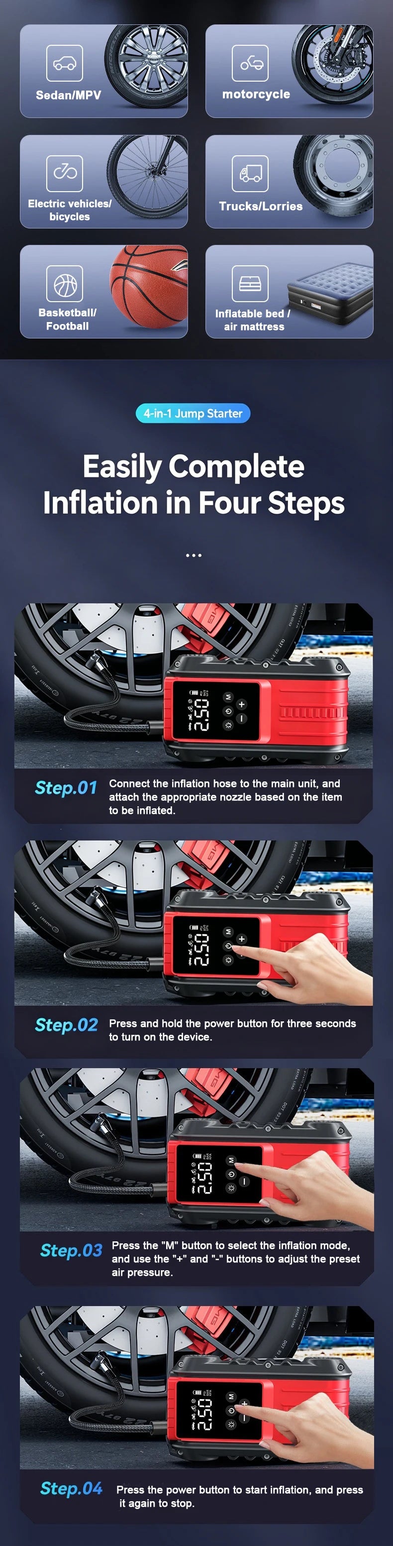 Car Jump Starter 1800A/600A 12V Car Tire Inflator Portable Charger Petrol Diesel Auto Starting Device Booster Emergency Starter