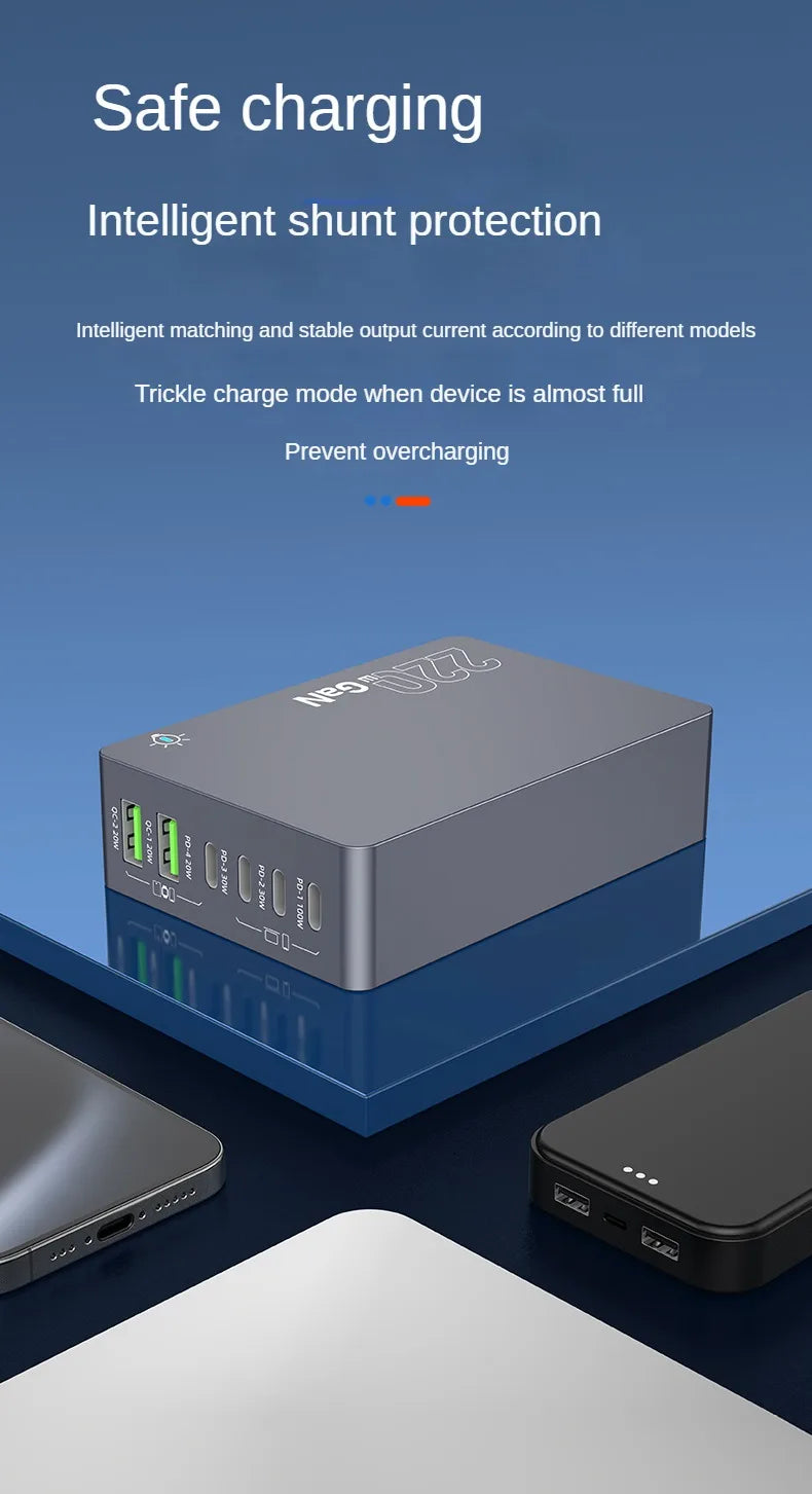 220W GaN Desktop Charger 6-Ports PD 100W USB Type C QC 3.0 Fast Charging Station for IPhone 16 Pro Tablet Macbook Samsung Laptop