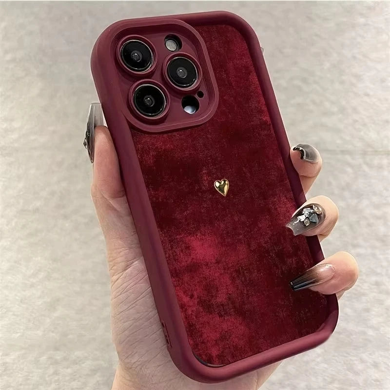 Burgundy Suede With Golden Heart Pattern TPU Case For Samsung Galaxy S25 S24 S23 S22 S21 S20 FE Plus Ultra A15 A35 A54 A55 Cover