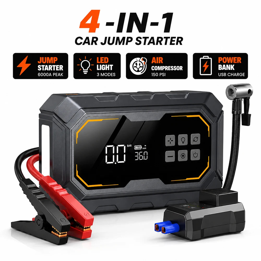 Vyvylabs Car Jump Starter with Air Compressor 150PSI Tire Inflator 4In 1 Emergency Battery Starter Power Bank LED Flashlight 12V