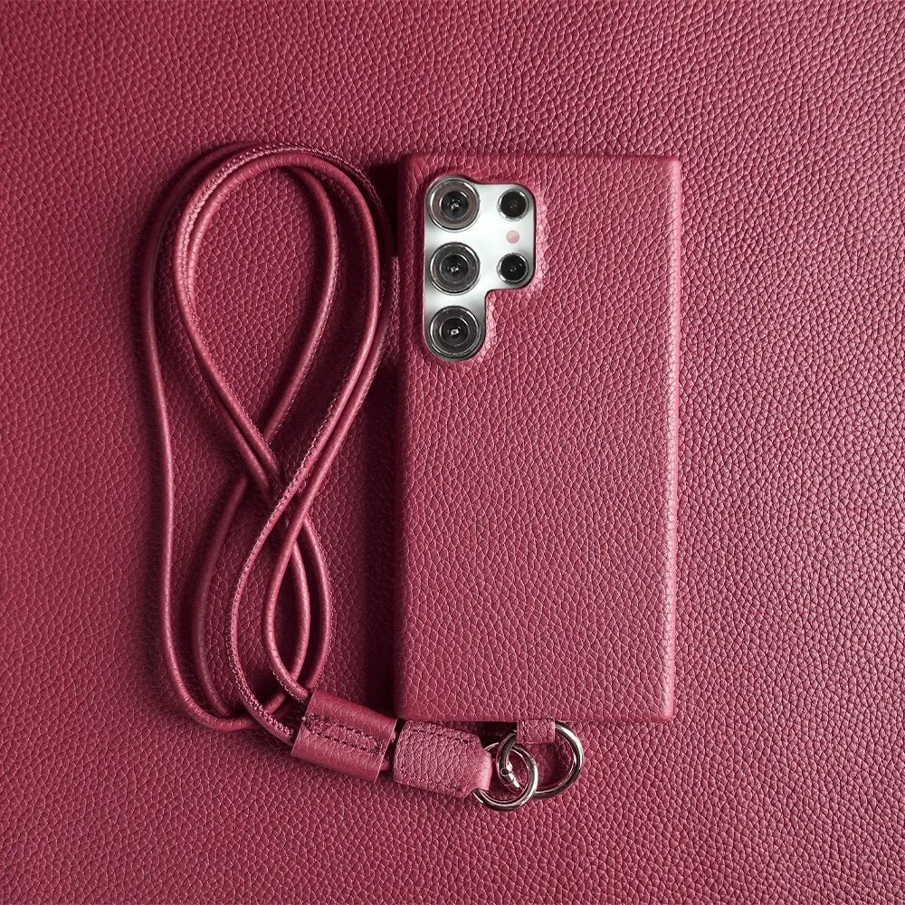 Luxury Cowhide Genuine Leather Case For Samsung Galaxy S26 Ultra S23 S22 S21 S26FE  Strap Crossbody Lanyard Phone Cover Coque
