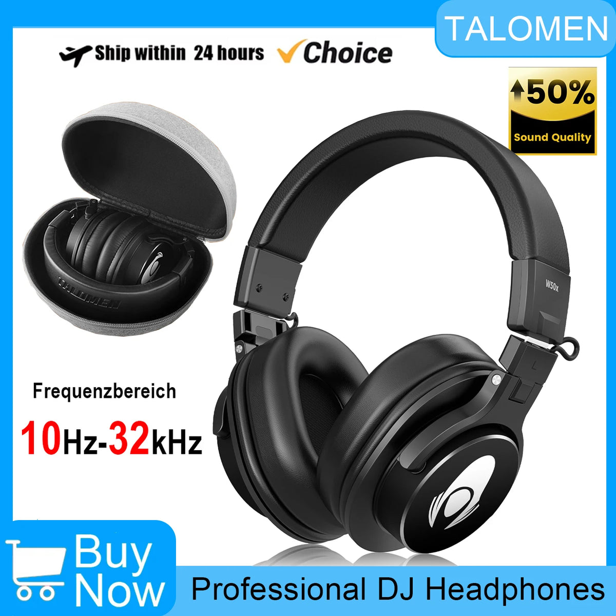 Talomen W50X Corded Studio Headphones Stereo Professional DJ Headphones Over-Ear Monitor Headphones with Detachable Cable