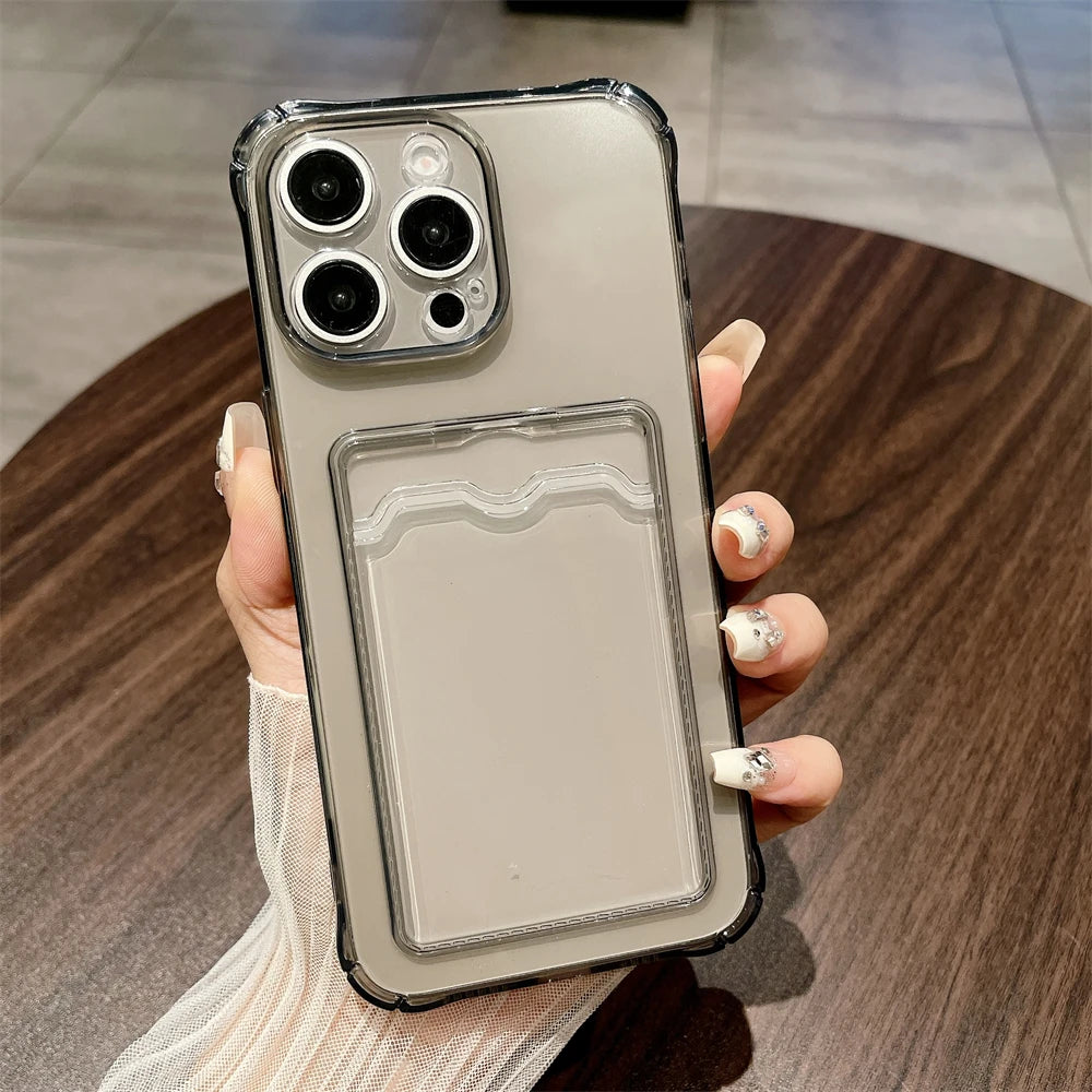 Clear Card Pocket Shockproof Case for iPhone 17 16 15 14 13 12 11 Pro Xs Max 16e X XR 6 6s 7 8 Plus SE 2020 2022 Silicone Cover