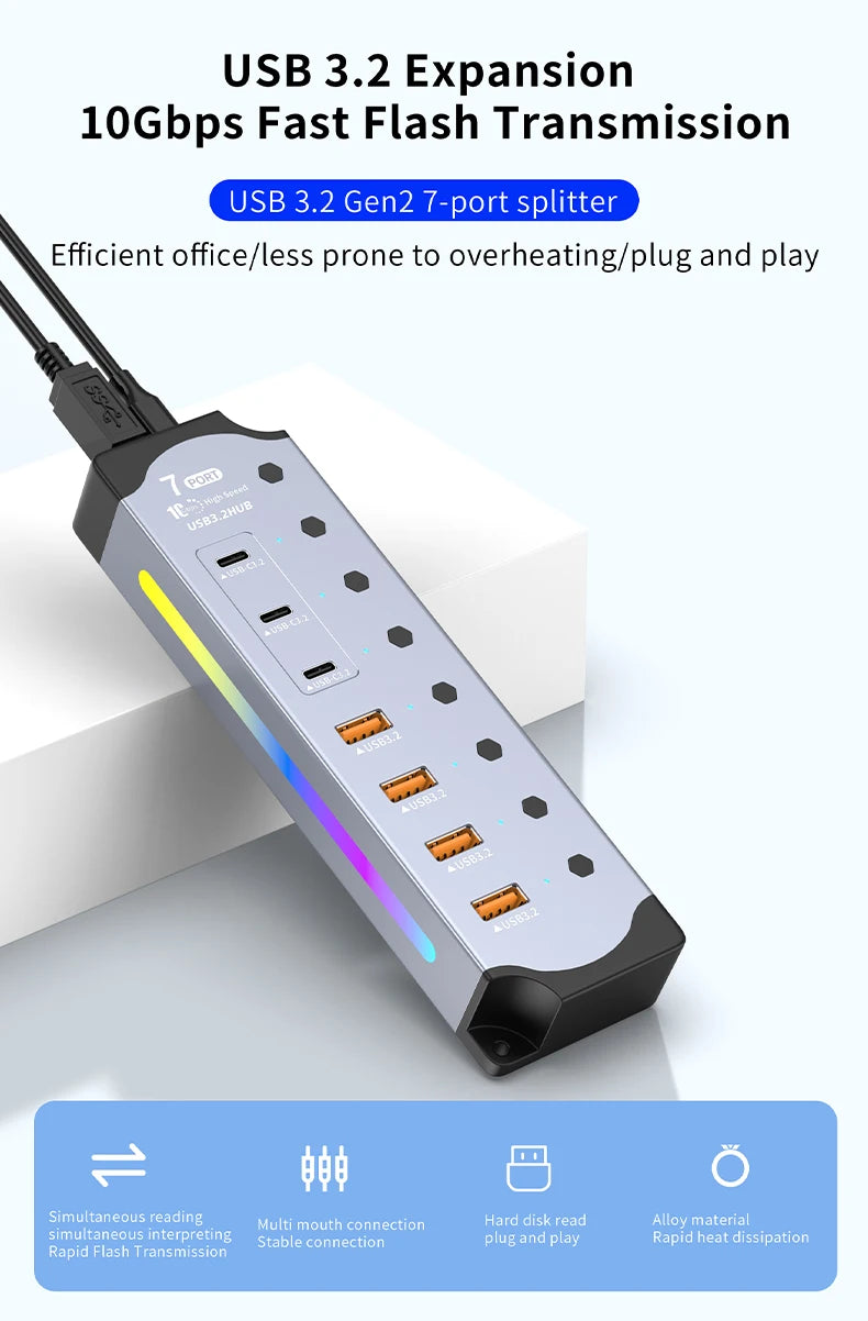 7Port USB 3.2 USB-C Hub 10Gbps USB-A USB-C Ports Splitter Individual Switches 12V US/EU Power Adapter Expander for Laptop PC
