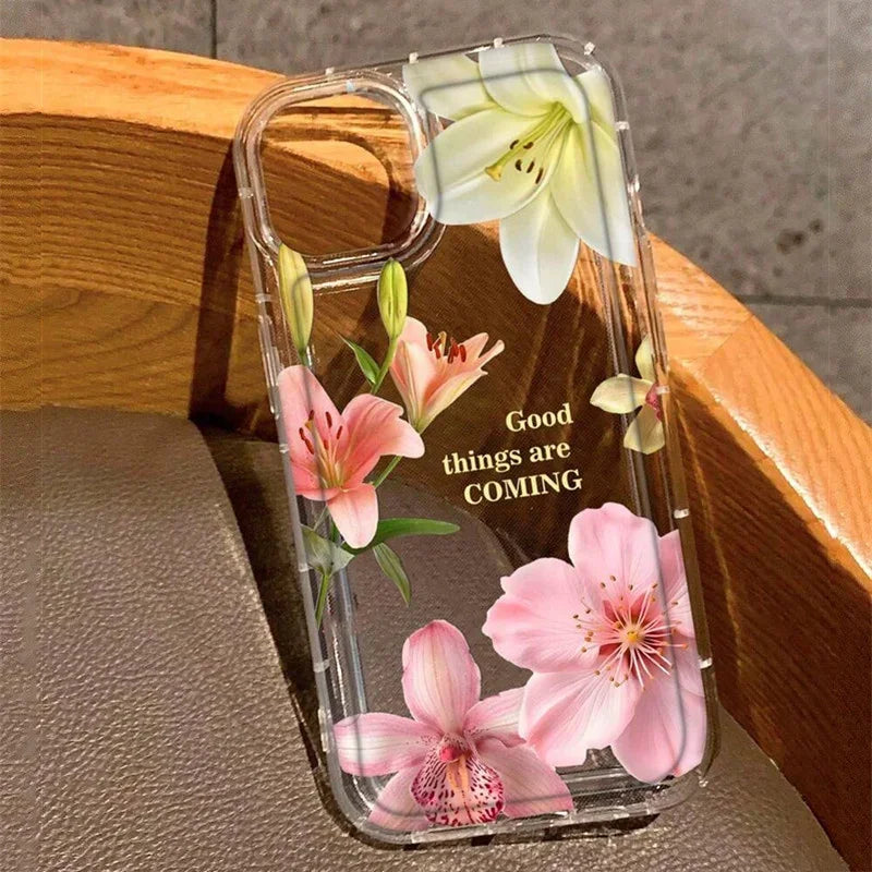 Cherry Flower Print Transparent Case For iPhone 17 16 Pro Max 15 14 13 11 12 16e Case Funda iPhone11 14 Plus X XR XS Case Cover