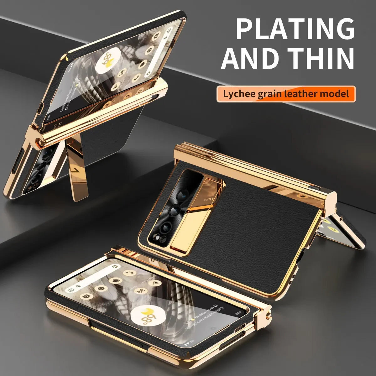 Phone case For Google Pixel Fold Plain Leather Plating Bracket Double Hinge with Pen Shell Film All-inclusive Protective Case