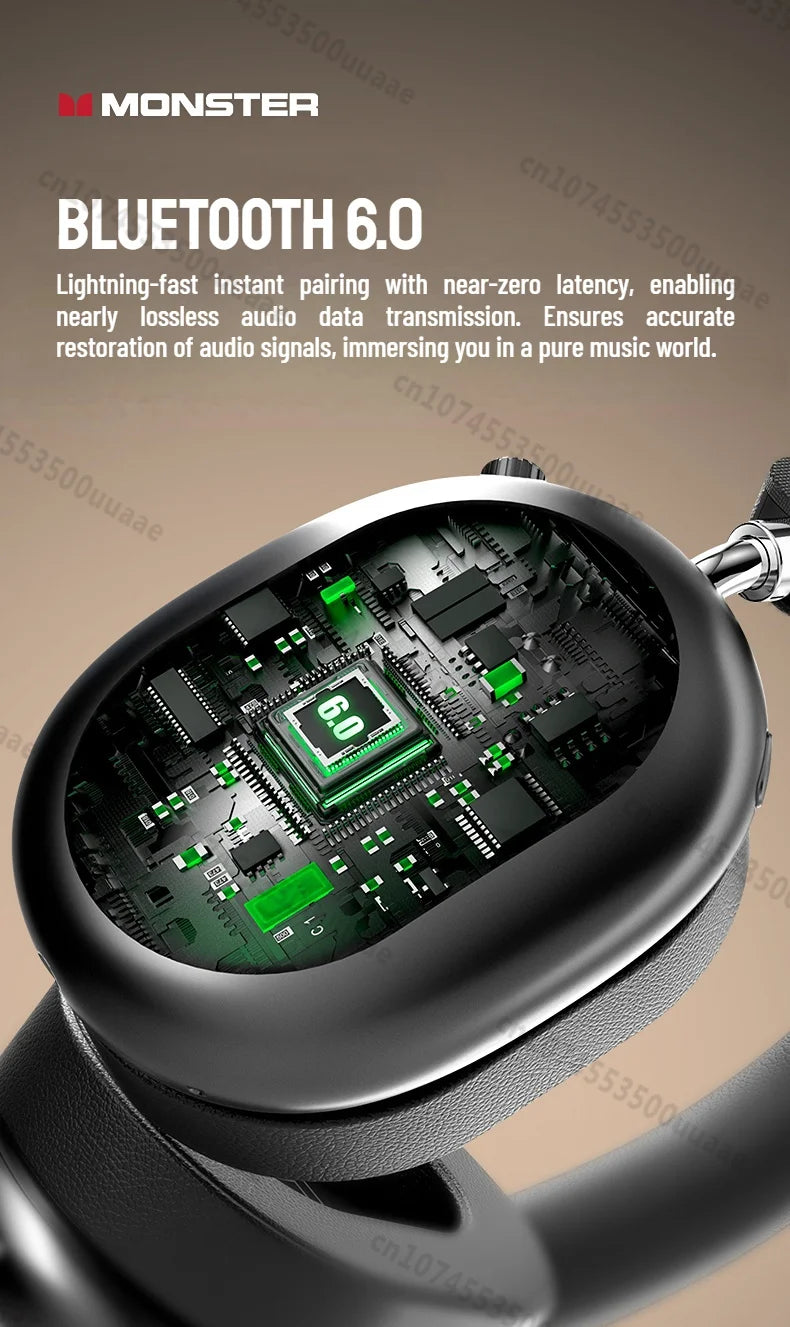 Monster AH100 ANC Bluetooth 6.0 Over-Ear Headphones with 45dB Active Noise Cancellation Hifi Stereo Overear Wireless Earphones