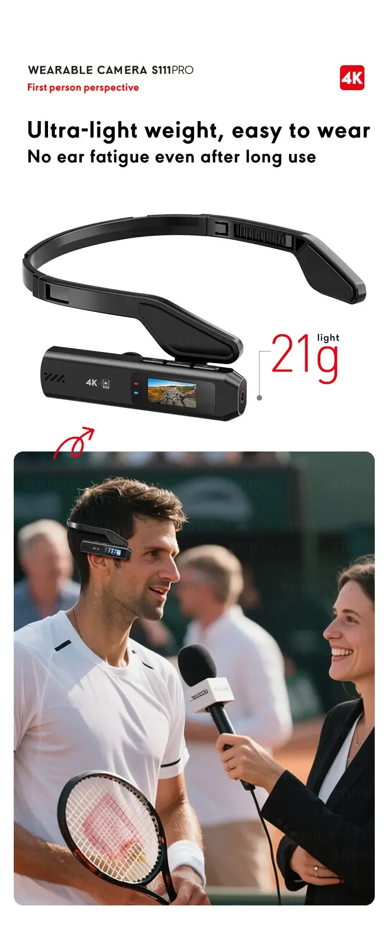 S111PRO 110° Wide Angle Head Camera 21g Ultra-Light Wearable Camcorder for Vlog Outdoor Sports