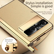 Phone case For Google Pixel Fold Plain Leather Plating Bracket Double Hinge with Pen Shell Film All-inclusive Protective Case