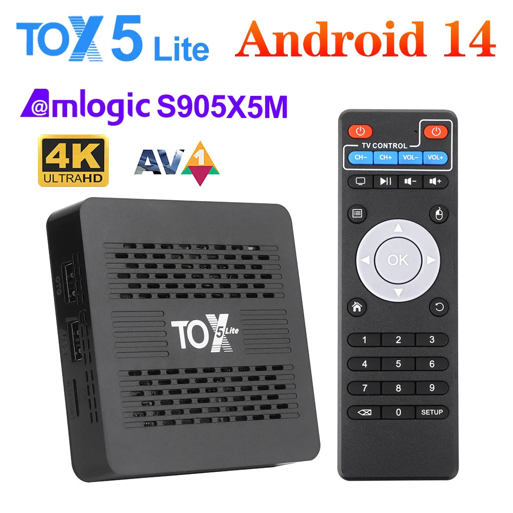 TOX5 Lite Android 14 Smart TV Box 2GB 32GB Amolgic S905X5M Wifi 1000M LAN BT Support H.265 4K 4K 60fpsMedia Player Set Top Box