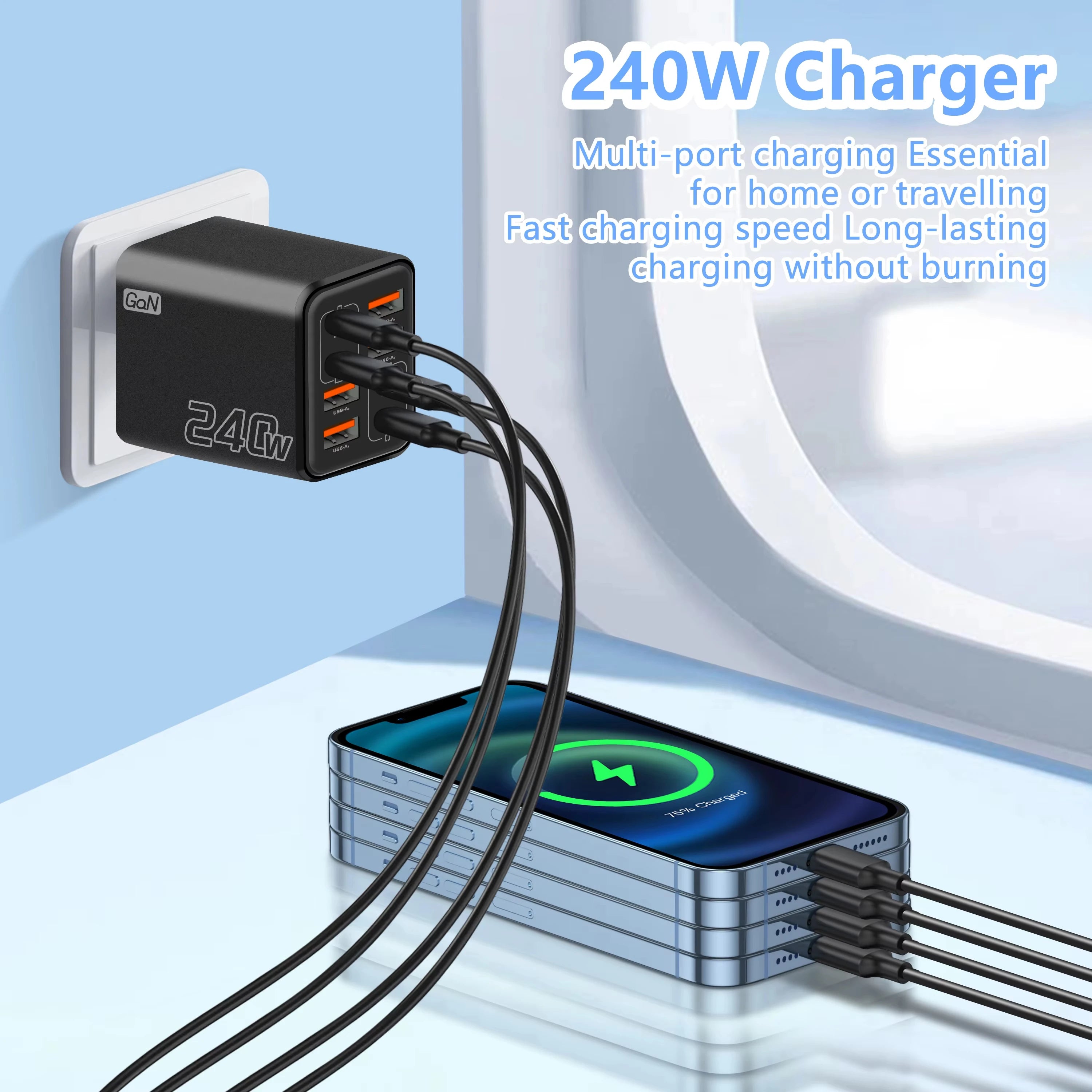 240W GaN USB C Charger 8 in 1 Fast Charging Phone Charger Power Adapter For iPhone Samsung Xiaomi Type C EU/US Plug Wall Charger