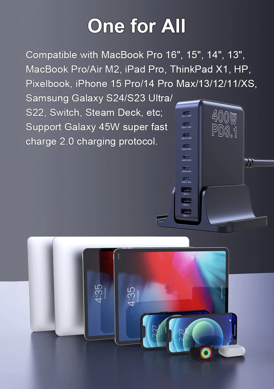 UHOMEBUY 400W USB C Charger 10-Ports GaN Charging Station 140W Max Single Port PD3.1 Fast Charger for MacBook Pro iPhone Samsung