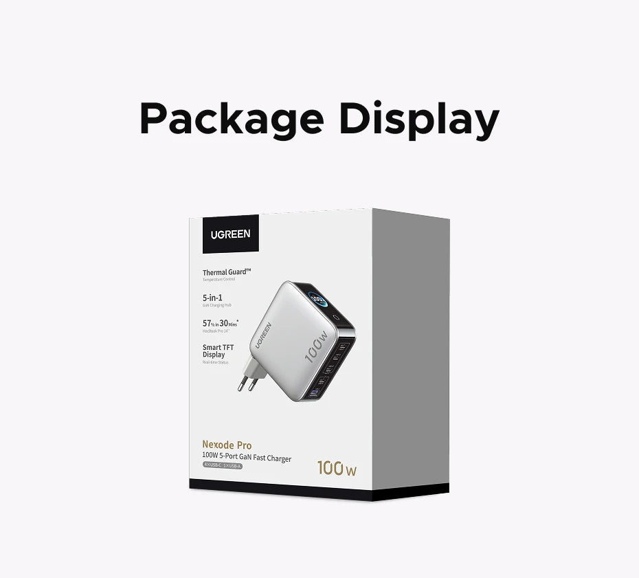 UGREEN 100W GaN Charger With Smart Display QC4.0 PD 3.0 USB C Charger For MacbookPro Laptop iPhone 17 16 Pro iPad Tablet Samsung