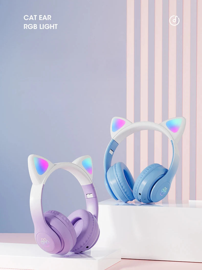 Over-Ear Cat Ear LED Breathing Light Gaming Wireless Bluetooth Headphones with TF Card Slot & Gradient Color