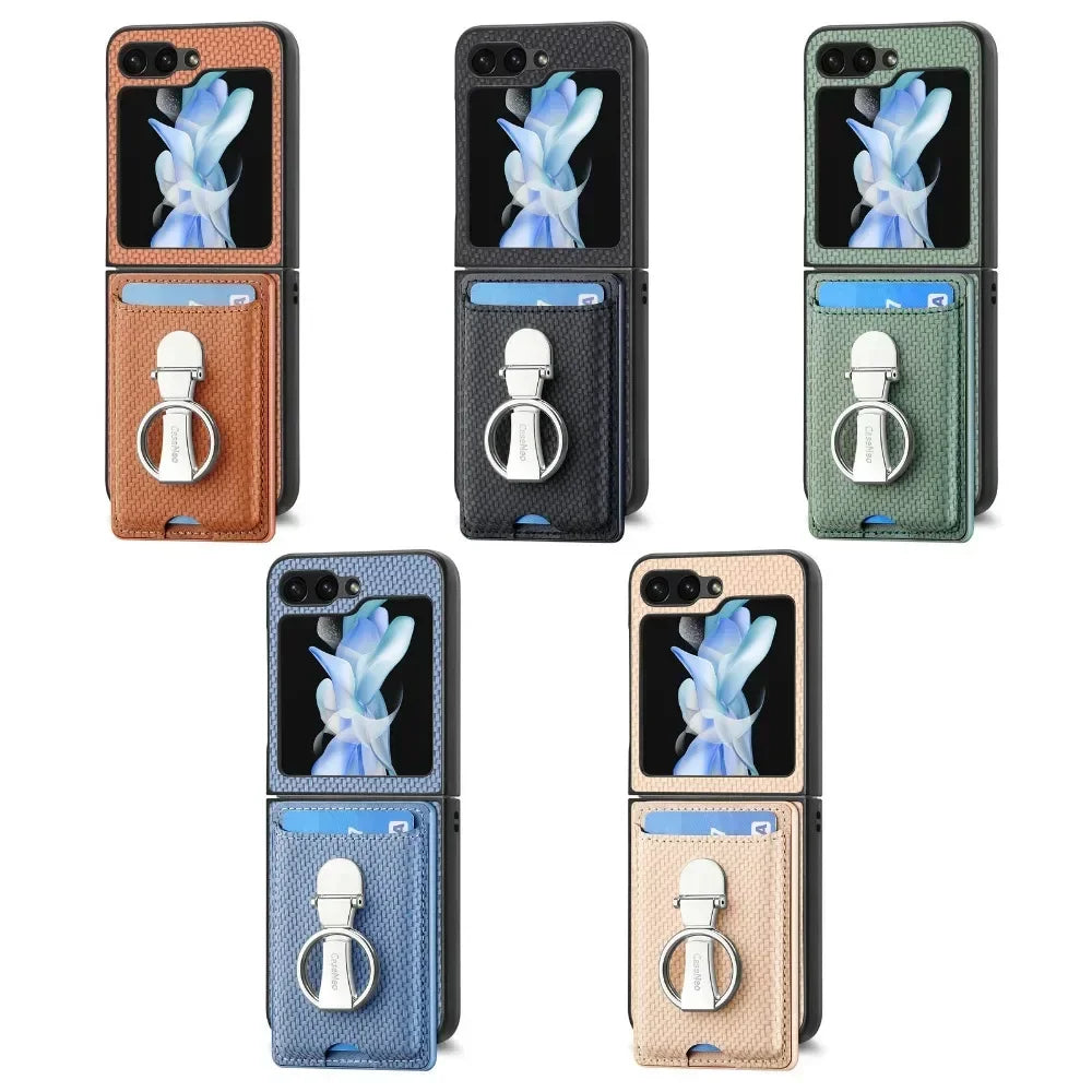 Luxury Ring Stand Leather Phone Case for Samsung Galaxy Z Flip 8 Flip 7 6 5 4 3 Flip7 FE Wallet Card Slot Shockproof Cover