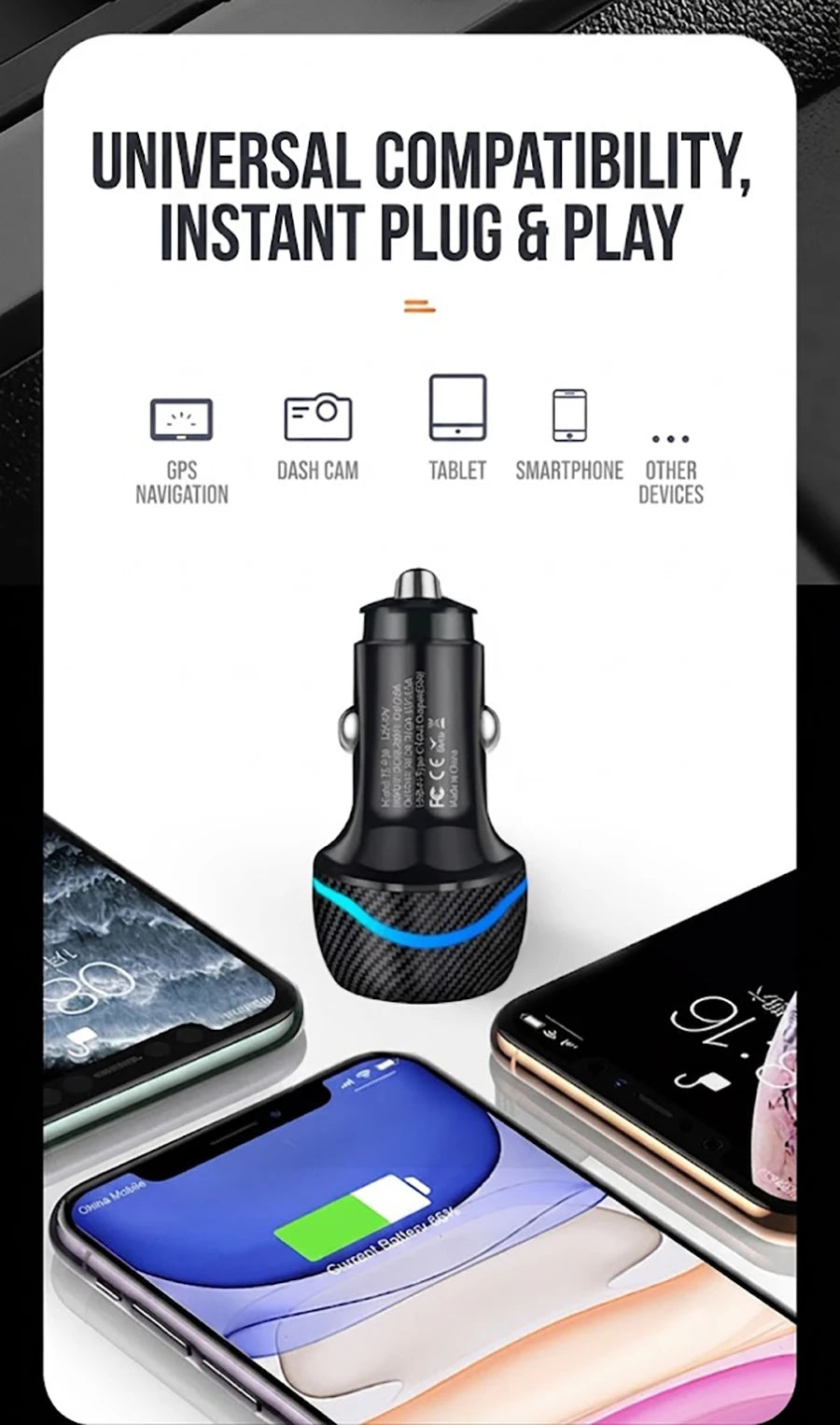 60W Dual Port Car Charger Carbon Fiber Style USB C PD 30W QC 30W Fast Charging Auto Cigarette Lighter For iPhone For Samsung