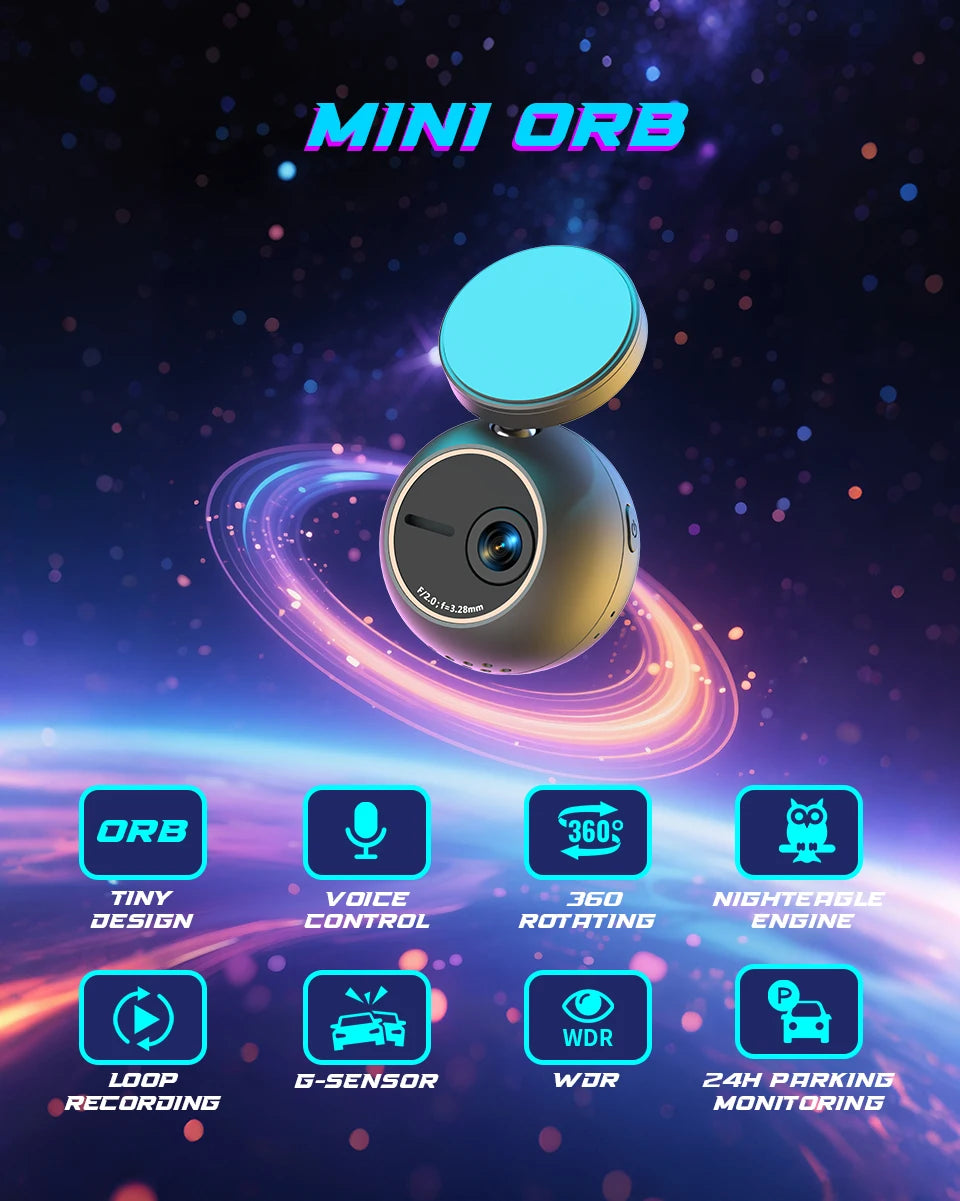 Dash Cam KAWA MINI ORB Tiny Video Recorder 2K Car DVR,Voice Control Car Camera,360° Rotate,180° Video Flip AUTO Dash Camera