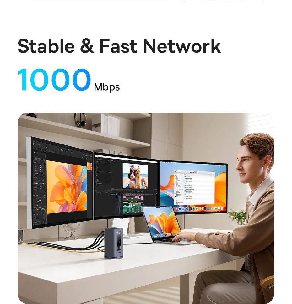 Baseus USB C Hub to DP 4K@60Hz HDMI DisplayPort 11-IN-1 Docking Station Triple Display RJ45 PD 100W For Window Mac USB 3.1 HUB