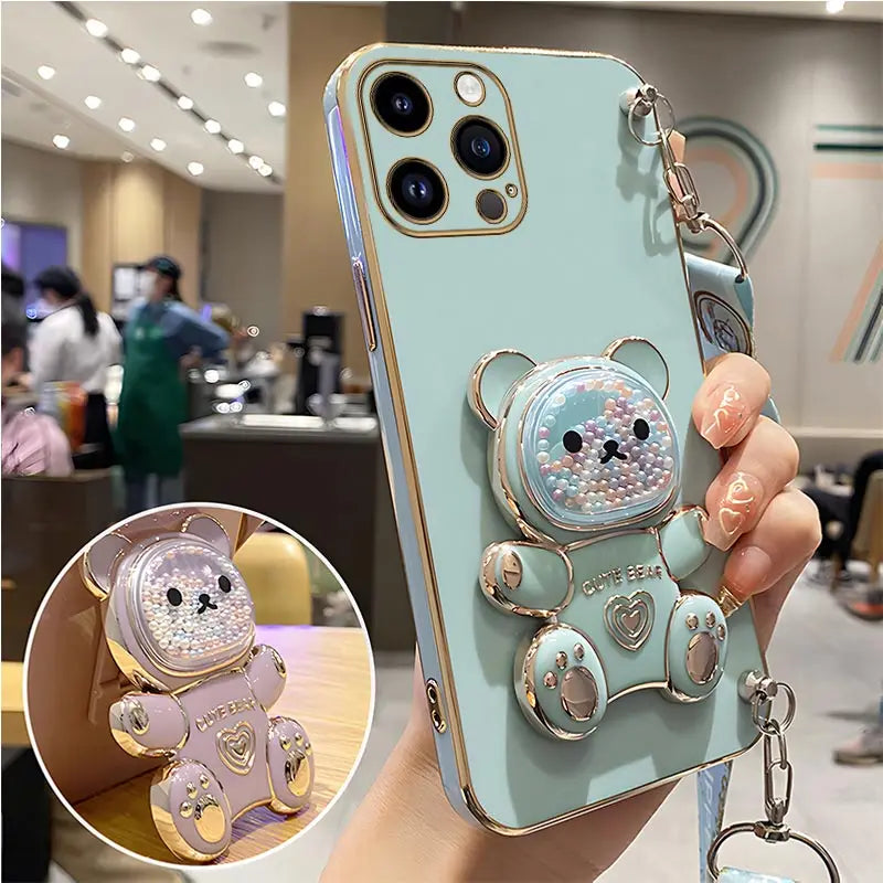 Quicksand Bear Holder Lanyard Phone Case For iPhone 14 11 12 13 Pro Max Mini 8 7 6 6S Plus 10 X Xr Xs Max SE Strap Stand Cover