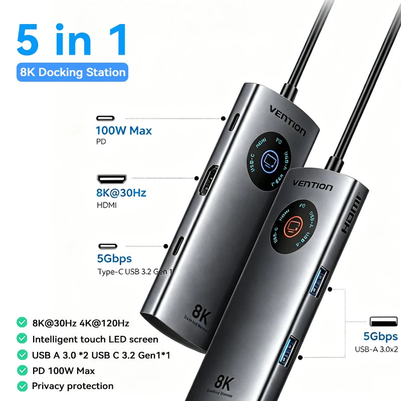 Vention USB C 8K 4K HDMI HUB Led Display USB A C 3.0 3.2 Gen1 Ethernet 1000Mbps Adapter for MacBook iPad HP Dell Samsung Laptop