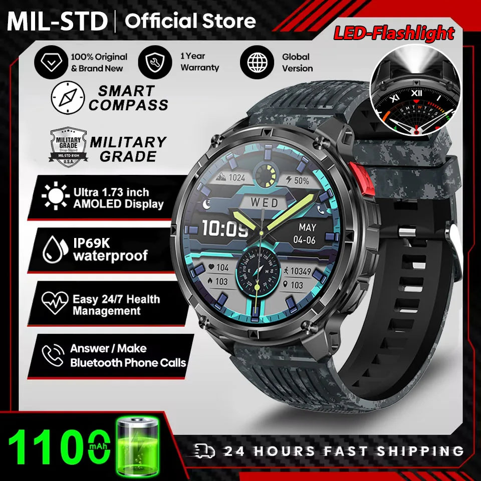 2026 New 1100mah AMOLED Smart Watch Men 170+Sport Fitness LED Flashlight IP69 Waterproof Bluetooth call GPS track Smartwatch iOS