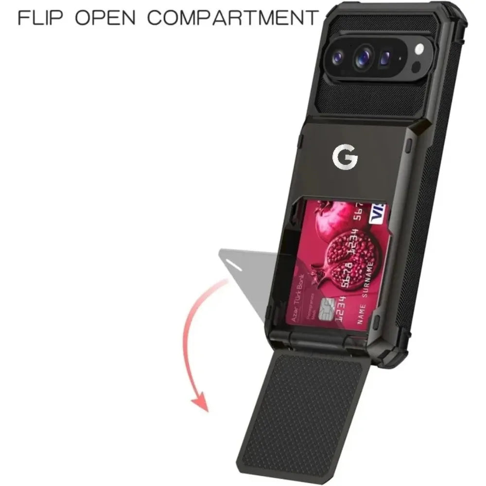 2in1 Heavy Duty Armor Card Holder OTT-BOX Hard Case For Google Pixel 10 9 Pro XL Hidden Flip Slot Defender Shcokproof Back Cover