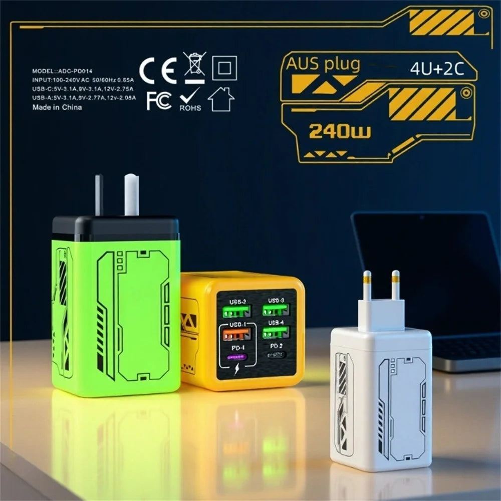6 in 1 240W Type C Charger PD Fast Charging Phone Power Adapter For iPhone Samsung Xiaomi EU/US Plug Quick Charge Wall Charger