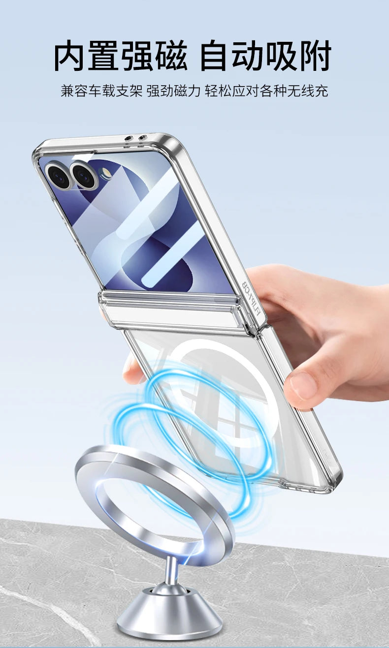 For Samsung Galaxy Z Flip 8 Case Transparent Magnetic Wireless Charging Hinge With Mirror Film Shockproof Back Cover Accessories