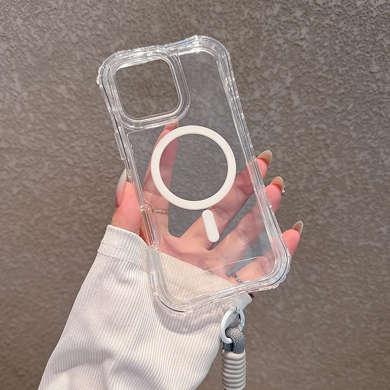 3IN1 Candy Color Clear Shockproof Phone Case for IPhone 17Air 16E 15 14 Plus 13 12 Pro Max Lanyard Magnetic Charge Protect Cover