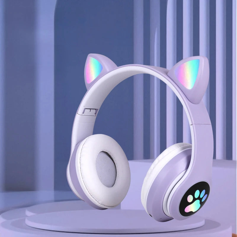 STN-28 Earphones Bluetooth 5.0 Cute Cat Ear Light Up Wireless Over-Ear Headphones High Quality Earbuds Compatible with Multiple