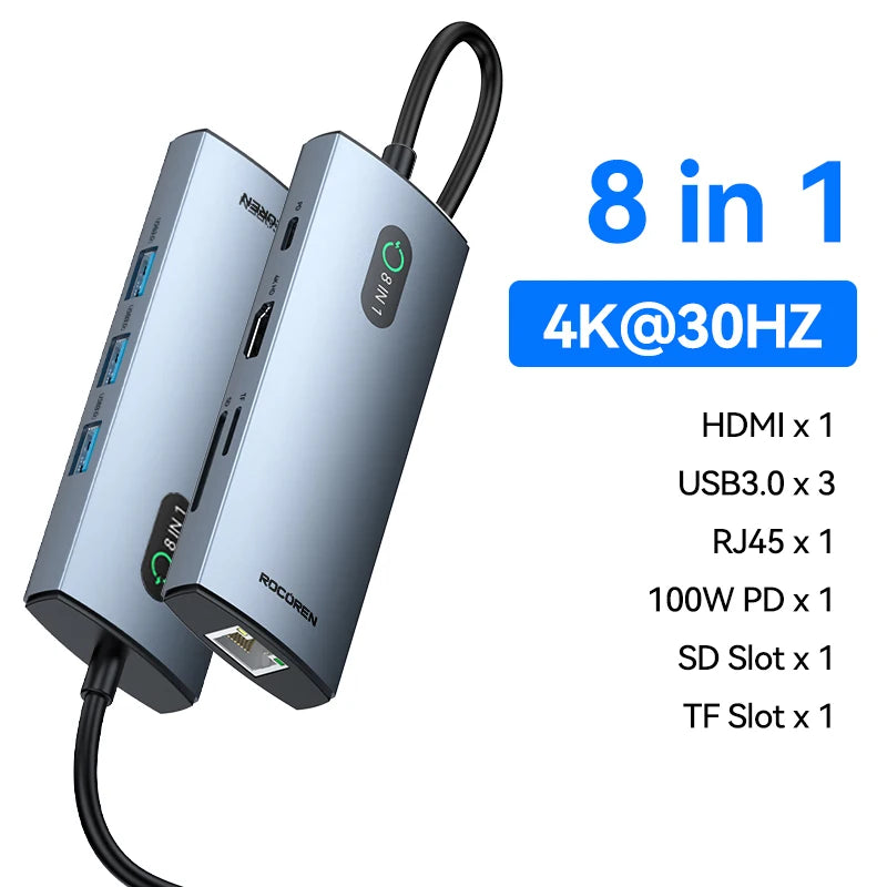 Rocoren 11 in 1 USB C Hub PD 100W RJ45 SD Reader USB 3.0 Splitter 8 in 1 Dock Station For Macbook Air Pro Samsung Xiaomi Laptop