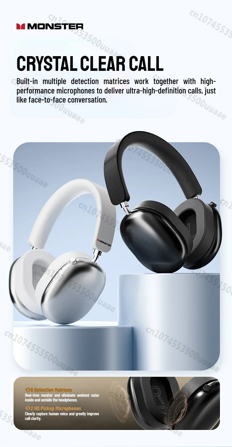 Monster AH100 ANC Bluetooth 6.0 Over-Ear Headphones with 45dB Active Noise Cancellation Hifi Stereo Overear Wireless Earphones