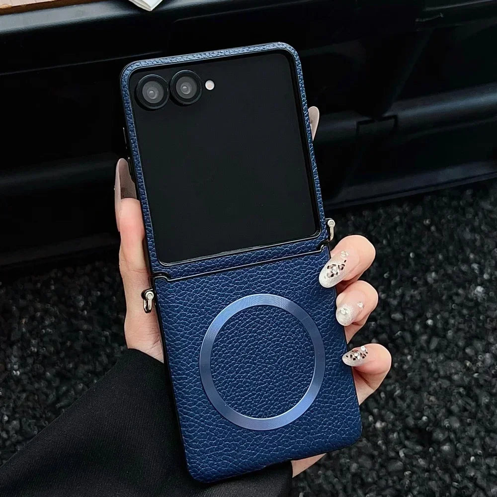 Original Lychee Pattern Leather for Magsafe Wireless Charging Case for Samsung Galaxy Z Flip 8 7 6 5 Strap Anti-drop Slim Cover