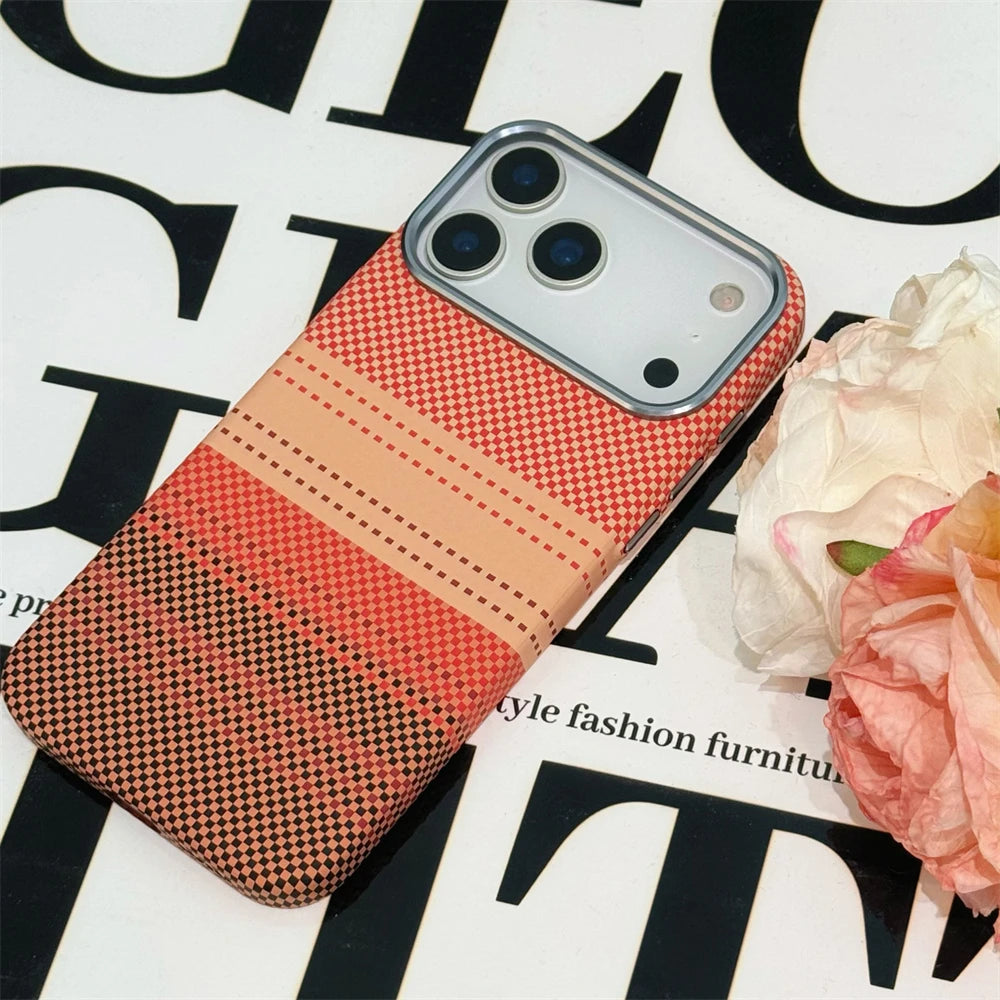 Luxury Kelvar Carbon Fiber Colorful Case for iPhone 17 16 15 14  13 Pro Max Metal Lens Frame Ultra Thin Hard Shockproof Cover