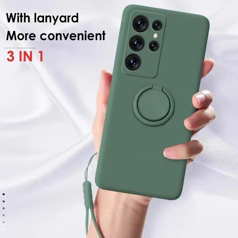 Liquid Silicone Ring Phone Holder Case For Samsung Galaxy S25 Ultra S24 S23 S22 S21 FE Note 20 Plus Edge Cover With Wrist Strap
