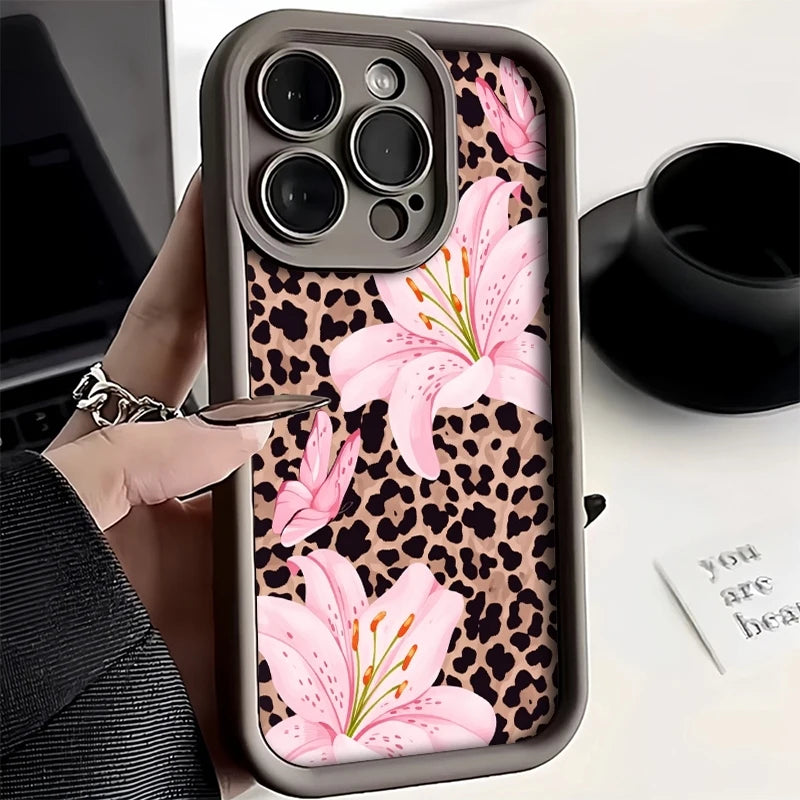Pink Lily Flower Leopard Print Phone Case For iPhone 17 16 Pro Max 11 13 12 14 15 8 7 Plus XS XR X 16E 17E Shockproof TPU Cover