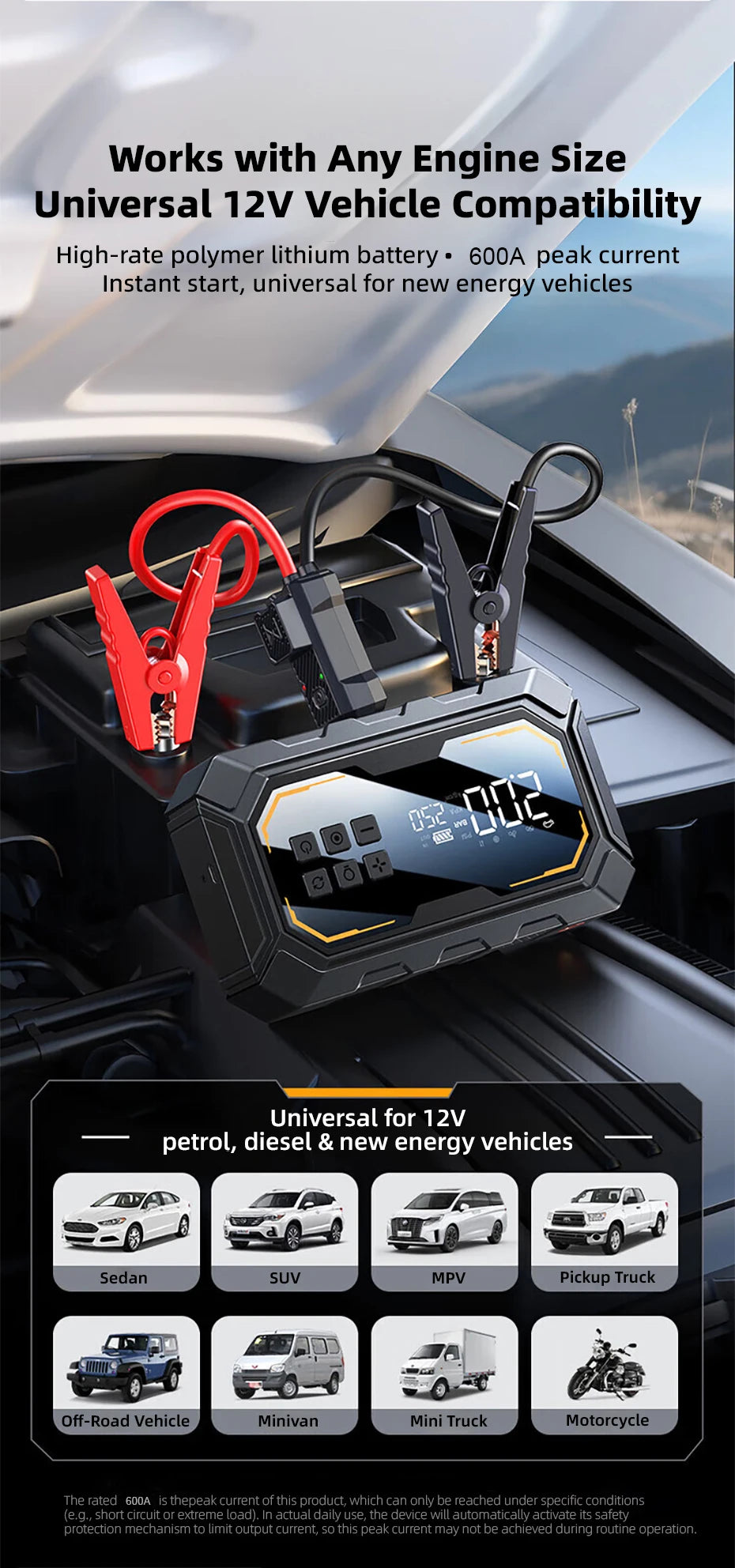 Vyvylabs Car Jump Starter with Air Compressor 150PSI Tire Inflator 4In 1 Emergency Battery Starter Power Bank LED Flashlight 12V