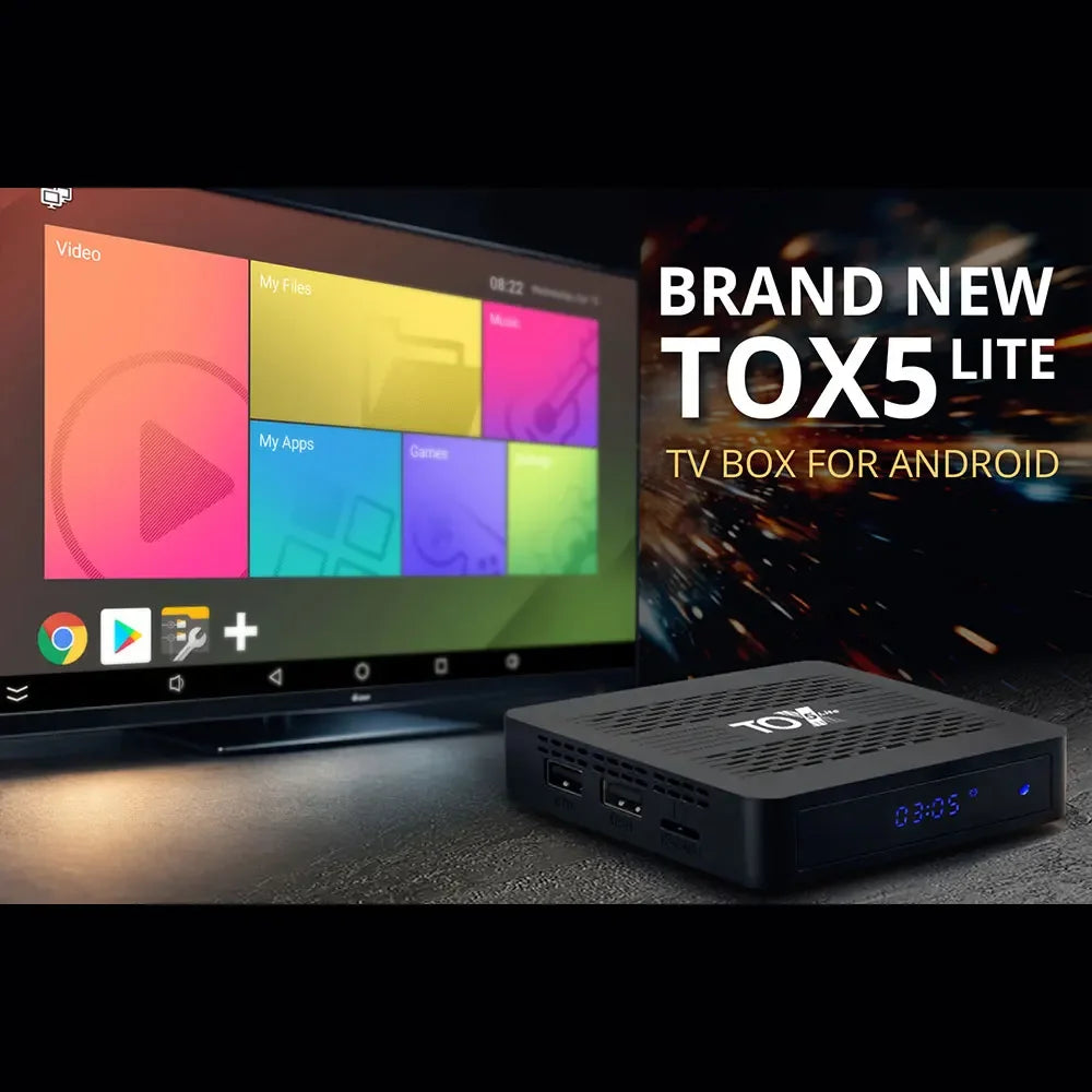 TOX5 Lite Android 14 2GB 32GB Smart TV Box with S905X5M Dual Wifi 1000M LAN BT4.1 Support H.265 4K 60fps DLNA Media Player