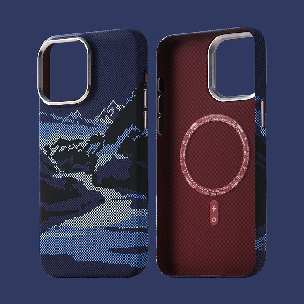 Abstract Landscape Relief for MagSafe Phone Case for iPhone 16 15 14 Pro Max 17 Wireless Charge Alloy Lens Shield Hard PC Cover