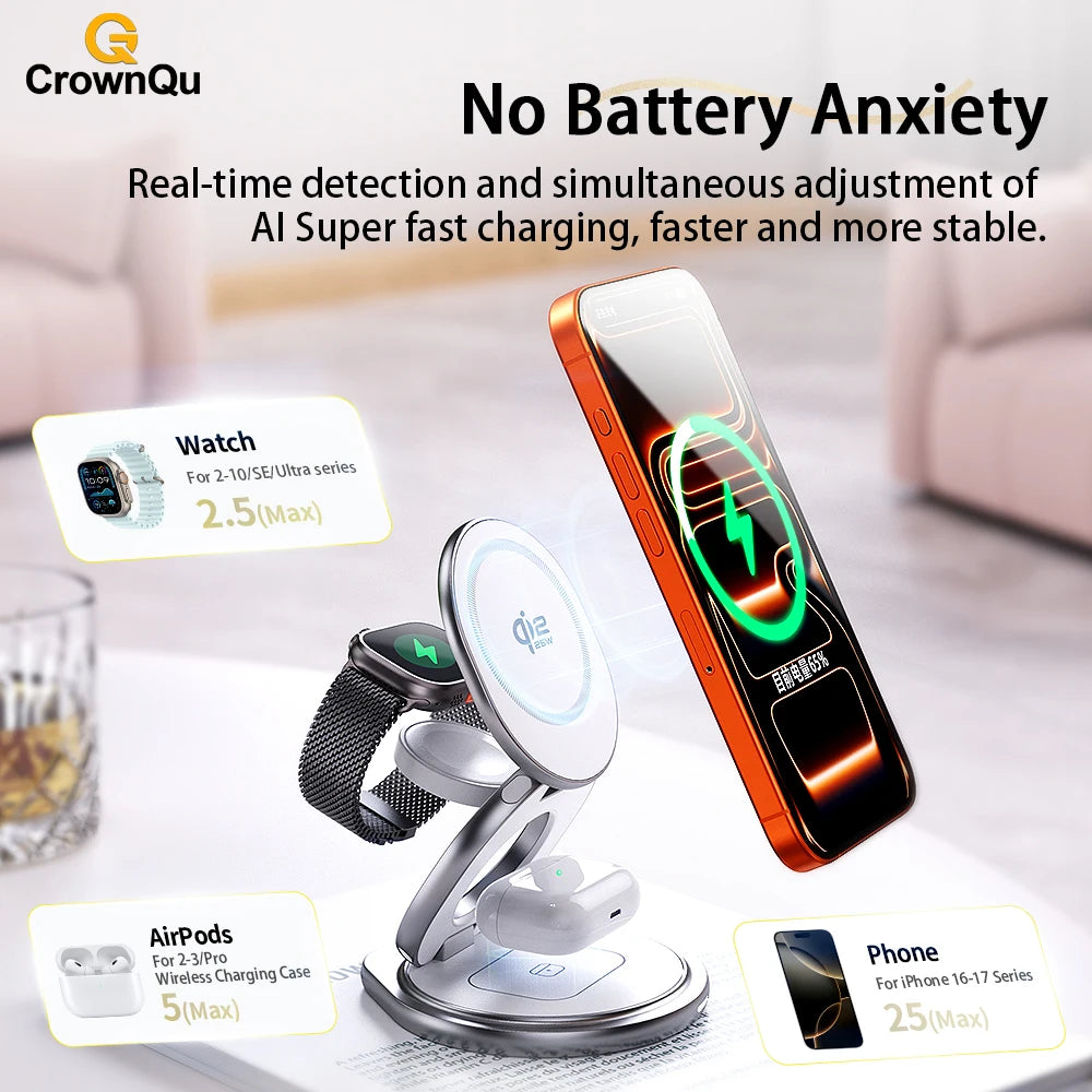 Qi2.2 25W Metal Wireless Charger Protable Fast Charging Station Stand 360° Rotation for iPhone 17 16 15 14 Pro Max Watch Airpods