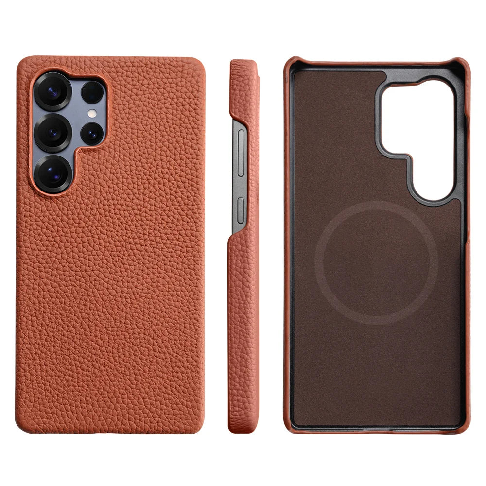 for Magsafe Case for Samsung Galaxy S26 S24 S25 Ultra Plus Natural Cowhide Leather Magnetic Protector Luxury Phone Back Cover
