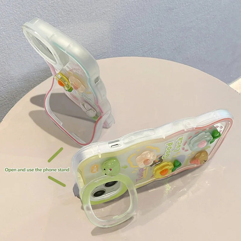 Flower Bracelet Chain Phone Holder Case For iPhone 16 17 15 14 13 12 11 Pro Max XS Max XR 3D Frog Rabbit Bracket Stand Cover